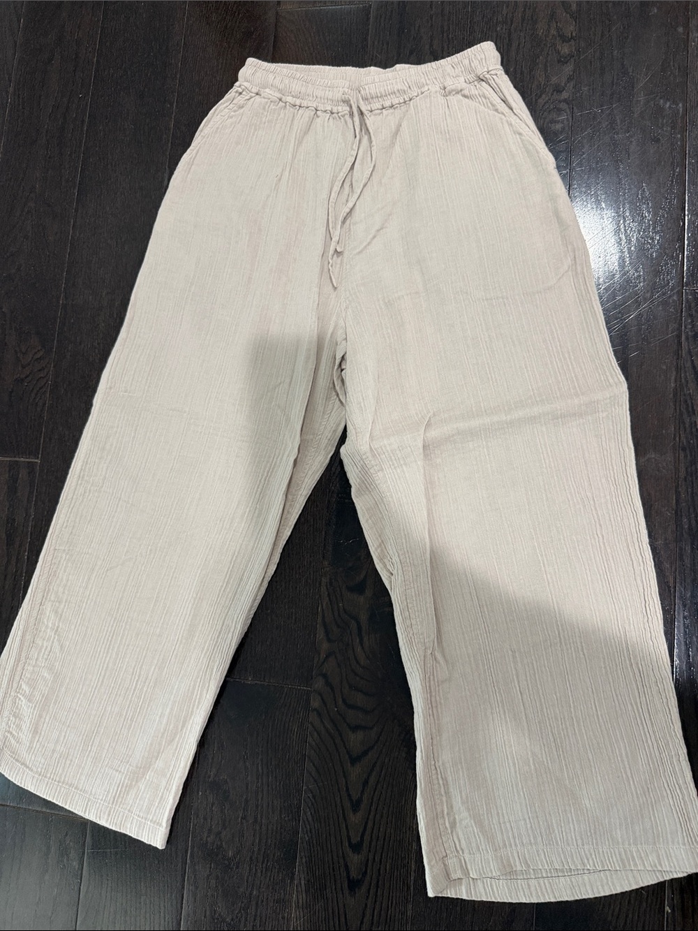 Light Beige Wide-Leg Pull-On Pants with Drawstring Waist